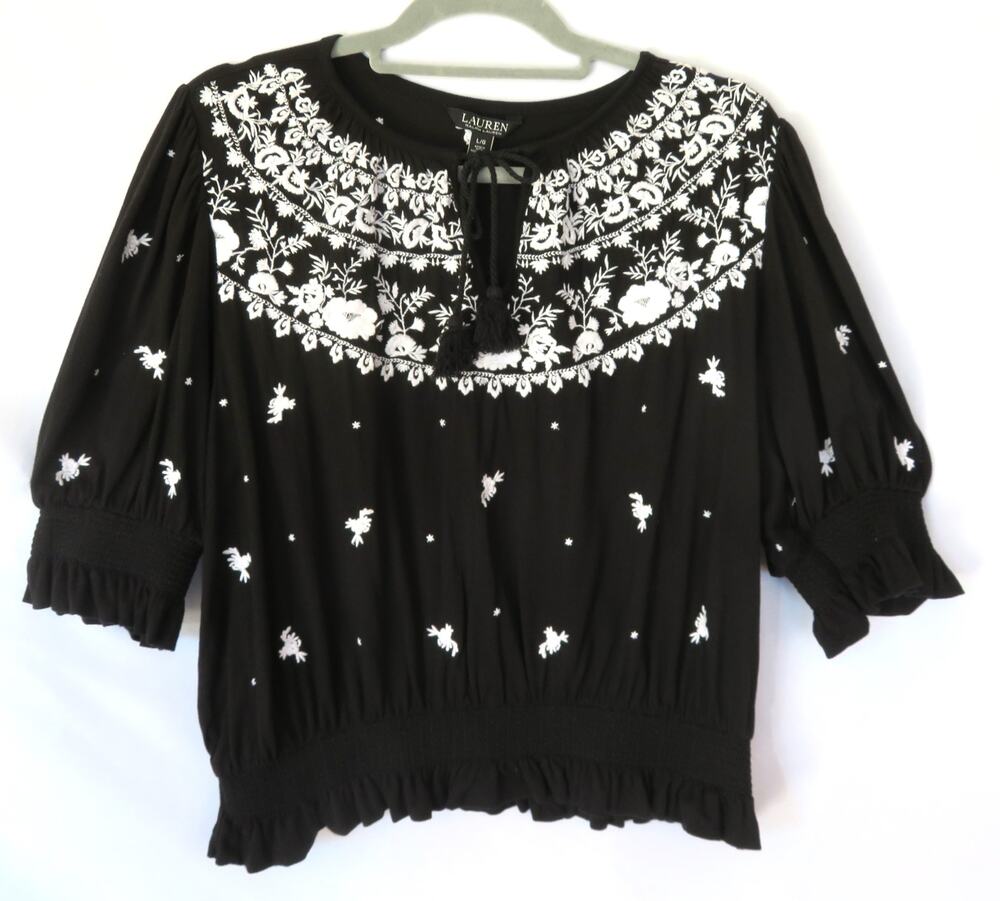 RALPH LAUREN Embroidered Jersey Tie Neck Cropped Top Women Large Black/White